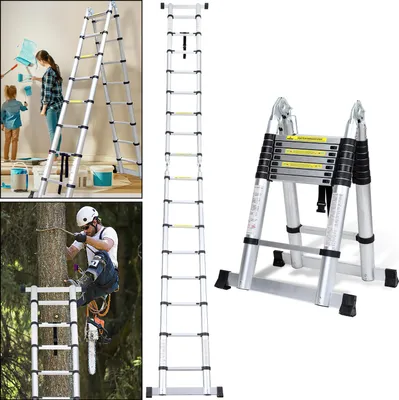 Produktbild von Jayseuw Aluminium Teleskopleiter 5M Silber, Leiter Ausziehbar Klappleiter, Mehrzweckleiter, Stehleiter, Haushaltsleiter, Außenleiter, 150 kg Belastbarkeit