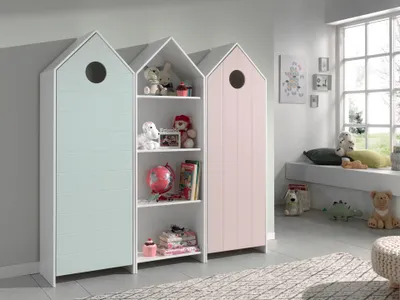 Image de CASAMI Set 3 pcs. composé de : Armoire 1 porte avec façade en rose, armoire à étagères, armoire 1 porte avec façade en menthe