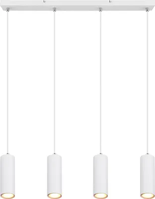 A white linear pendant light fixture with four cylindrical lamps hanging from a white bar.
