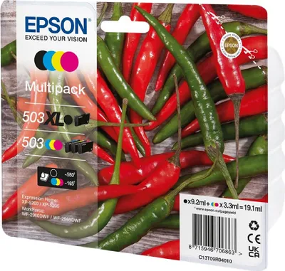 Produktbild von Epson 503/503 XL Multipack - 4er-Pack - XL (Schwarz) + Standard-Kapazität - Schwarz, Gelb, Cyan, Magenta - original - Blisterverpackung - Tintenpatrone - für EPL 5200, RIP Station 5200, WorkForce WF-2960