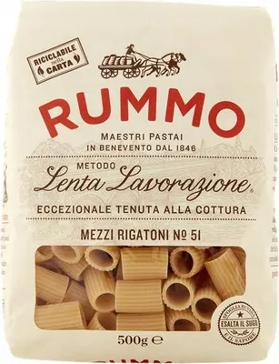 A bag of Rummo Lenta Lavorazione Mezzi Rigatoni Nr. 51 pasta.