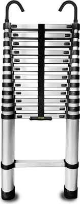 Immagine prodotto di Drabest | scala telescopica - scala a sfilo - con ganci - 3,8 m - 13 gradini - scala in alluminio - fino a 125 kg - stabile e mobile