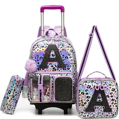 Produktbild von Schulranzen mit Rollen Set für Mädchen, Trolley Rucksack mit Federmäppchen und Lunchtasche, 42x30x20cm