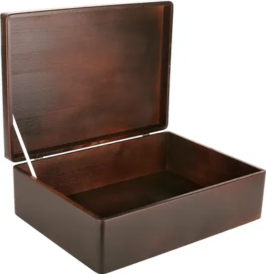 An open wooden box with its lid raised, shown against a white background.