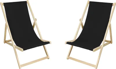 Two black deck chairs with wooden frames are shown against a white background.