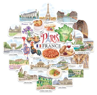 Frankreich-Sticker-Set, 28 Stück, Aquarell, glänzend, wasserdicht