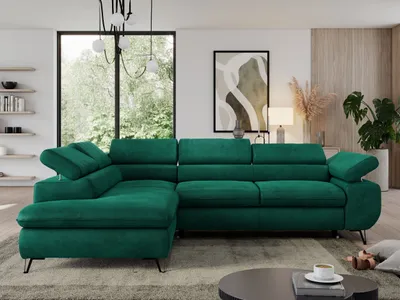 Produktbild von Ecksofa mit Bettkasten, Einstellbare Kopfstützen, Schlaffunktion, Eckcouch L-form - PEDRO L - Velvet - Grün - Links