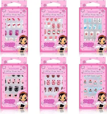 Image de Ensemble de 144 faux ongles pour enfants Unyqoos®, comprenant 6 boîtes de 24 pièces, de différentes tailles, pré-collés et auto-adhésifs, des motifs adorables pour les filles – idéal pour la manucure créative