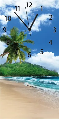 Produktbild von Wallario Design Wanduhr Urlaub auf den Seychellen unter Palmen am Sandstrand aus Echtglas, Größe 30 x 60 cm