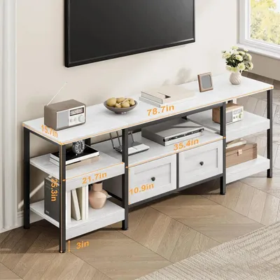 Obrázek produktu pro TV skříňka – televizní stolek/TV skříň – 200 x 40 x 65 cm – pro televizory do 216 cm – 2 zásuvky a otevřená police – kovová konstrukce – industriálně rustikální