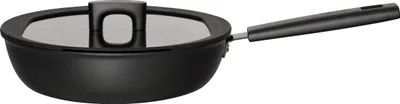 A black frying pan with a glass lid and a black handle, shown from a side angle against a white background.