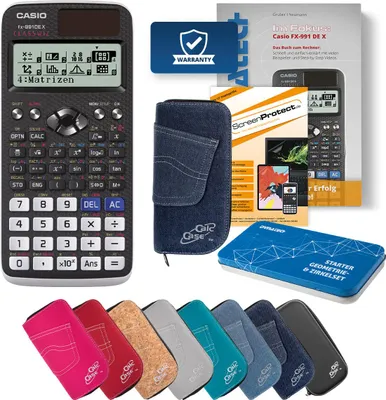 Produktbild von Casio FX-991 DE X Taschenrechner mit Tasche dunkelblau, Folie, Fachbuch und Zirkel Set