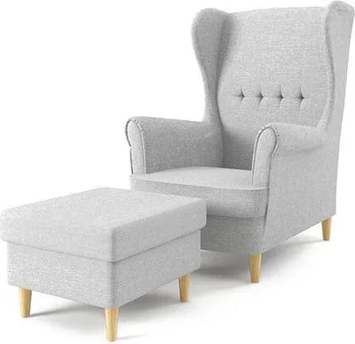 Produktbild von Ohrensessel Milo mit Hocker - Farben zur Auswahl -Sessel für Wohnzimmer & Esszimmer Skandinavisch - Relax Sessel aus Webstoff - FARBE: HELLGRAU