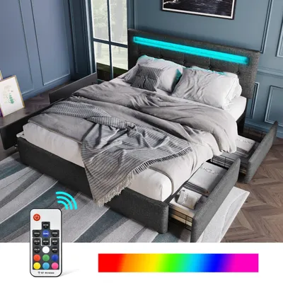 Produktbild von Großes Stauraumbett 140x200cm mit 4 Schubladen und LED-Beleuchtung, gepolstertes Doppelbett mit höhenverstellbarem Kopfteil, Grau