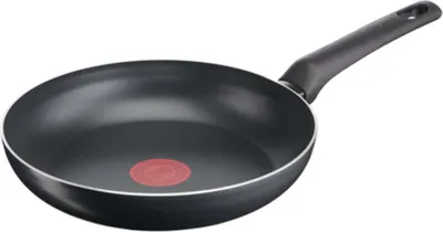 A black frying pan with a red indicator in the center and a black handle, shown against a white background.