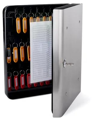 Produktbild von Schlüsselschrank für 54 Schlüssel, Metall, schwarz, 30 x 6 x 24 cm, mit 54 Schlüsselanhängern
