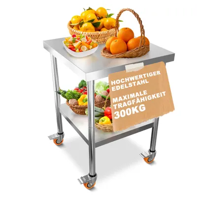 Produktbild von YZNAHRE Arbeitstisch Edelstahl 61x46x85 cm Catering Küchentisch mit Rollen Gastronomie Edelstahltisch Doppelschicht Zubereitungstisch für Küche Bar Restaurantar