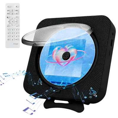 Image de AIORBER Lecteur CD Bluetooth multifonctionnel avec écran, montage mural & support de table, USB, FM, prise casque, minuterie, noir