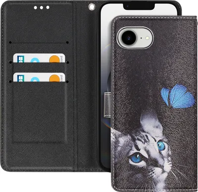 Zdjęcie produktu dla Avizar, etui na iPhone'a 16e z motywem kota i paskiem na rękę w kształcie motyla, czarne