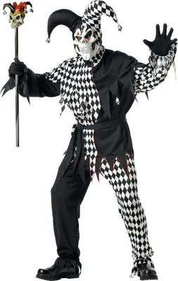 A person wearing a horror clown costume, holding a scepter.