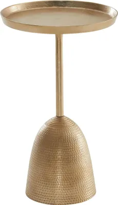Runder Beistelltisch Gold mit gehämmerter Metallbasis und glatter Tischplatte in Gesamtansicht.