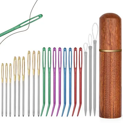 Produktbild von Nähnadel Set 20 Stück stumpf mit großem Öhr, Garn Stricknadeln, Gobelinnadeln, Stopfnadeln, Aluminium, inkl. Holzbox
