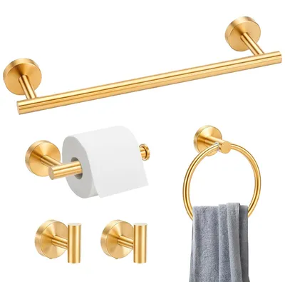 Imagen del producto de Omgoods - Juego de 5 accesorios para baño en color dorado, acero inoxidable: barra para toallas, aro, ganchos y soporte para papel higiénico