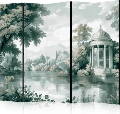 Produktbild von 5-teiliger Doppelseitiger Vlies Paravent - View of the Park and Lake - Retro Vintage Landscape in Greens 225x172 cm c-H-10046-z-b