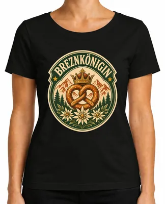 Produktbild von Breznkönigin Brezel Krone Alpen Edelweiß Trachtenshirt Lederhose Damen T-Shirt, Schwarz, L