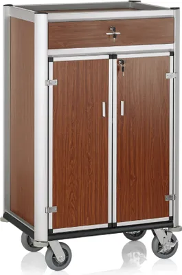 Produktbild von Minibarversorgungswagen braun Aluminium, MDF dunkle Holzoptik, 4 Rollen, 84 x 60 x 135 cm