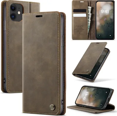 Obrázek produktu pro Kožené pouzdro pro iPhone 11, RFID ochranou, magnetickým zavíráním, přihrádkami na karty a funkcí stojánku Hnědý