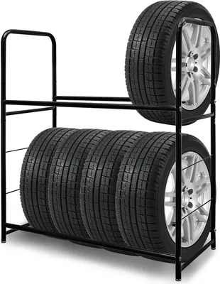 Zdjęcie produktu dla Jiubiaz stojak na opony stojak na opony stalowa konstrukcja w dwóch warstwach 107x46x117cm na 8 opon regał warsztatowy regał garażowy regały magazynowe drzewo obręczy wytrzymały stojak ładowany 180KG czarny
