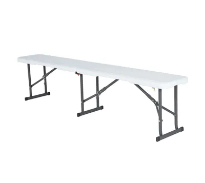 A white folding bench with gray metal legs is shown against a white background.