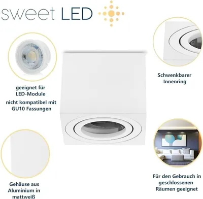 Produktbild von Deckenspots 4xAufputz flach 50mm Alu Aufbauspots 230V Aufbaustrahler weiß eckig
