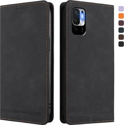 Produktbild von Hülle für Xiaomi Poco M3 Pro/ Redmi Note 10 5G, Retro Kunstleder Ständer Klapphülle mit Kartenfächer und Magnetische Schwarz
