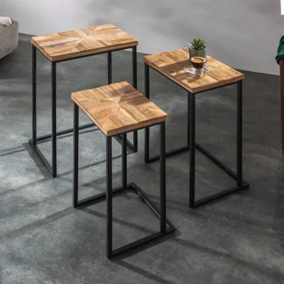 Produktbild von riess-ambiente Beistelltisch 3er Set INDUSTRIAL 65cm Mangoholz handmade Mosaik schwarzes Metallgestell massiv Couchtisch Tisch