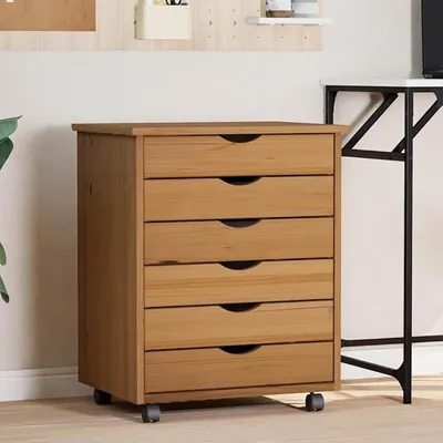 Image de Armoire mobile avec tiroirs, couleur miel, en bois massif de pin. Rangement mobile avec 6 tiroirs, meuble de bureau mobile, chariot de bureau