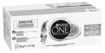 Obrázok produktu pre Purina One Sensitive, krmivo pre dospelé mačky, 60 x 85 g, vlhké krmivo s tuniakom a kuracím mäsom