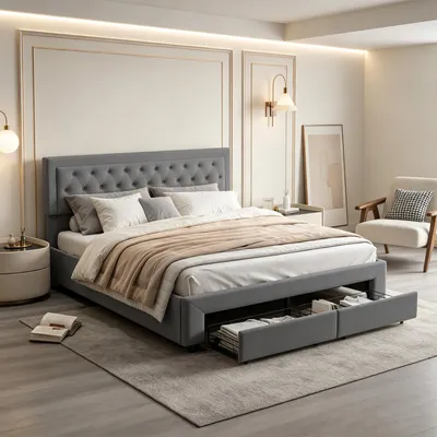 Obrázek produktu pro Postel s pružinovou základnou INONEFT, čalouněná, 180x200 cm, s úložným prostorem, dvoulůžko se 2 zásuvkami, hydraulická postel s úložným prostorem, postel pro mládež s roštem, samet, šedá barva