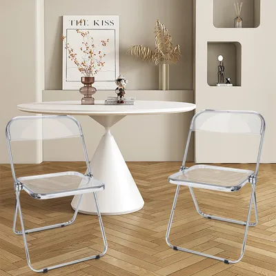 Produktbild von 2x Acryl Transparent Klappstuhl,Kunststoff Esszimmerstuhl Make-up Stuhl Chrom Rahmen Moderner Wohnzimmersitz