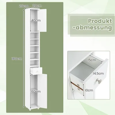 Obrázek produktu pro Úzká koupelnová skříňka vysoká skříňka se 2 dvířky a 1 zásuvkou 20 x 20 x 180 cm bílá