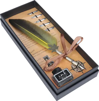 Produktbild von Vintage Federbrunnen Schreibfeder Kalligraphie-Tinte Federkiel-Tauchfeder mit Geschenkbox (gelb)