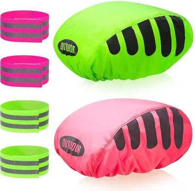 Productafbeelding van Ibenzoa® Fietshelm-regenbeschermingsset – 2 waterdichte Oxford-helmdazen en 4 reflecterende nylon broekclips, verstelbaar tot 80 cm, fluorescerend/roze