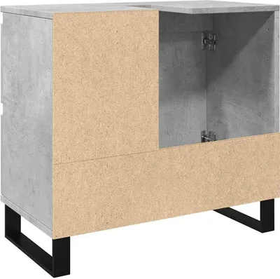 A product shot of a cabinet base with concrete-like finish and unfinished wood panels.