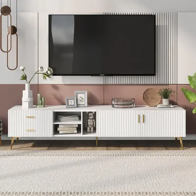 Obrázok produktu pre Televízny stolík Sweiko pre 75-palcové televízory, lowboards, TV dosky, TV skrinka, zábavné centrum, TV konzolový stolík, moderné zábavné centrum, multimediálna konzola (biela)