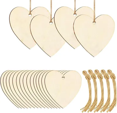 Productafbeelding van Houten hartjes, 7,5 cm, 50 stuks, met juteband, voor decoratie