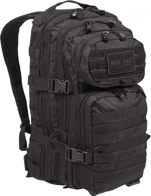 A black tactical backpack is shown against a white background.