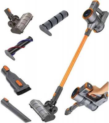 A collection of vacuum cleaner parts and accessories arranged around the main vacuum cleaner body.