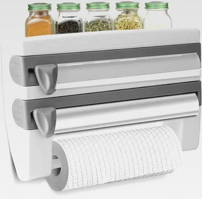 Produktbild von Küchenplastik-Wickelpapier Turm-Aufbewahrungsregal mit Frischhaltefolie, an der Wand montierte Küchensauce Flasche Papier Frischhaltefolie Rollenhalter mit Cutter ohne Bohren Einfache Montage(Grau)
