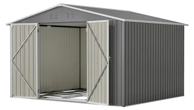 Productafbeelding van Tuinhuis van metaal, 300x250x191 cm, grijs, met funderingsframe, zadeldak en dubbele deur